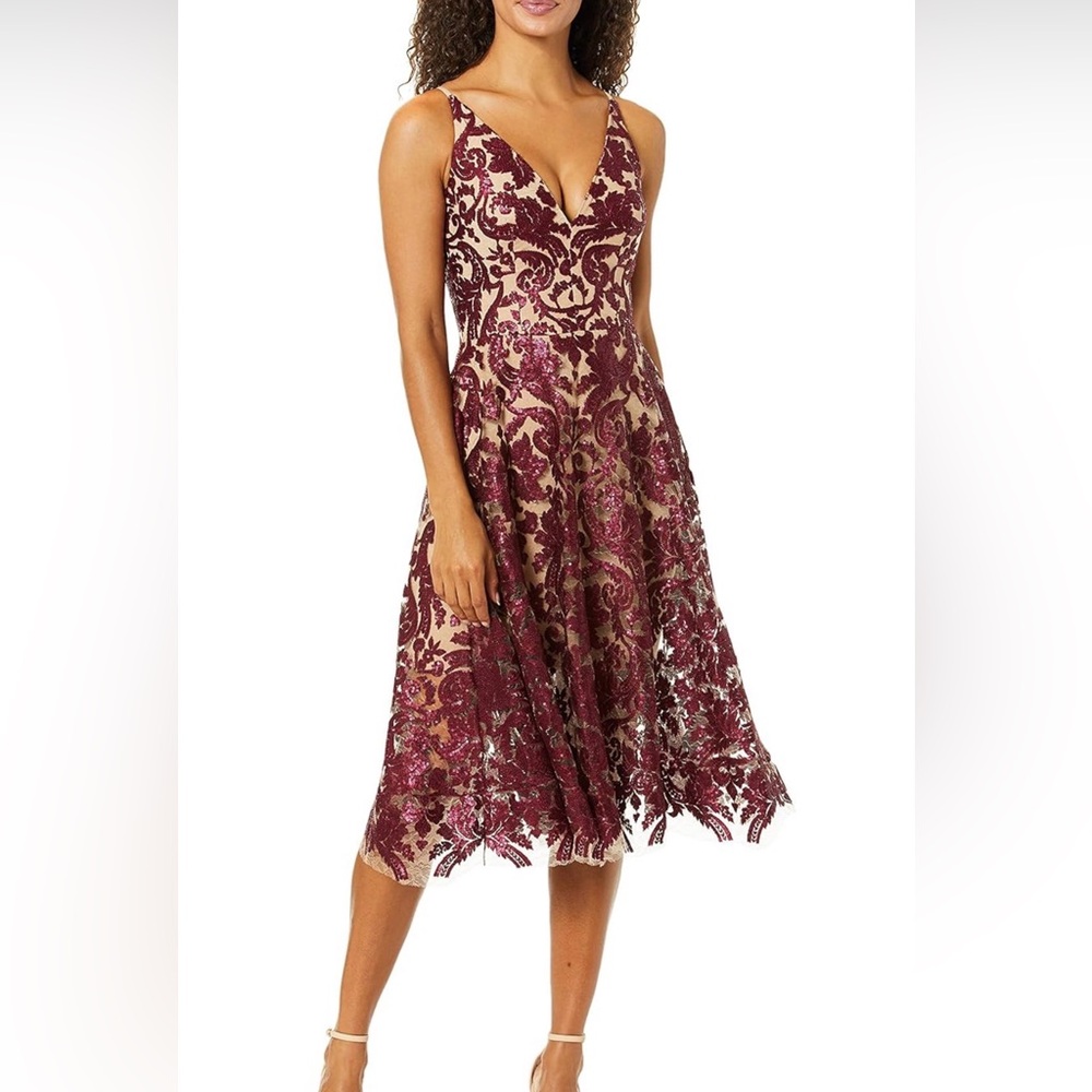NWT Dress the Population Blair Burgundy/Berry Nude Lace Sequin Midi Dress XL
